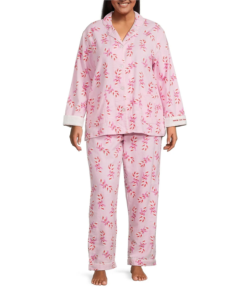 PJ Salvage Plus Size Candy Cane Print #double;Sweeter Than Sugar#double; Embroidered Long Sleeve Notch Collar Flannel Holiday Pajama Set