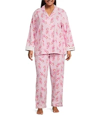 PJ Salvage Plus Size Candy Cane Print #double;Sweeter Than Sugar#double; Embroidered Long Sleeve Notch Collar Flannel Holiday Pajama Set