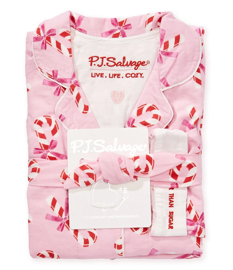 PJ Salvage Plus Size Candy Cane Print #double;Sweeter Than Sugar#double; Embroidered Long Sleeve Notch Collar Flannel Holiday Pajama Set