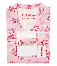 PJ Salvage Plus Size Candy Cane Print #double;Sweeter Than Sugar#double; Embroidered Long Sleeve Notch Collar Flannel Holiday Pajama Set