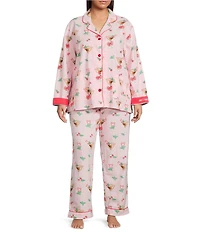 PJ Salvage Plus Size Peppermint Martini Print #double;Tini Time #double; Embroidered Long Sleeve Notch Collar Holiday Flannel Pajama Set