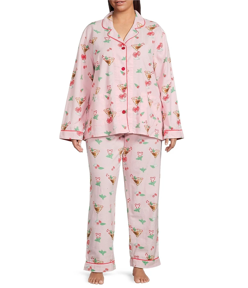 PJ Salvage Plus Size Peppermint Martini Print #double;Tini Time #double; Embroidered Long Sleeve Notch Collar Holiday Flannel Pajama Set