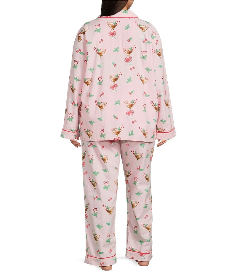 PJ Salvage Plus Size Peppermint Martini Print #double;Tini Time #double; Embroidered Long Sleeve Notch Collar Holiday Flannel Pajama Set