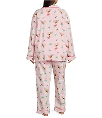 PJ Salvage Plus Size Peppermint Martini Print #double;Tini Time #double; Embroidered Long Sleeve Notch Collar Holiday Flannel Pajama Set