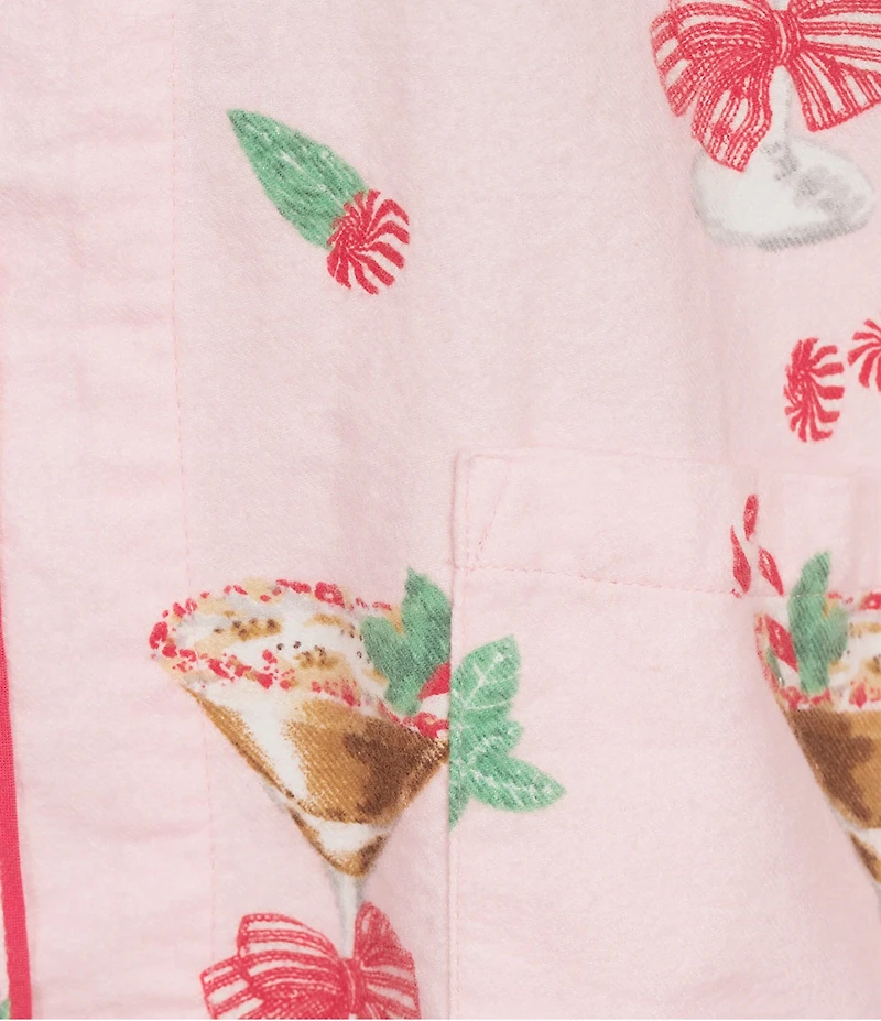 PJ Salvage Plus Size Peppermint Martini Print #double;Tini Time #double; Embroidered Long Sleeve Notch Collar Holiday Flannel Pajama Set