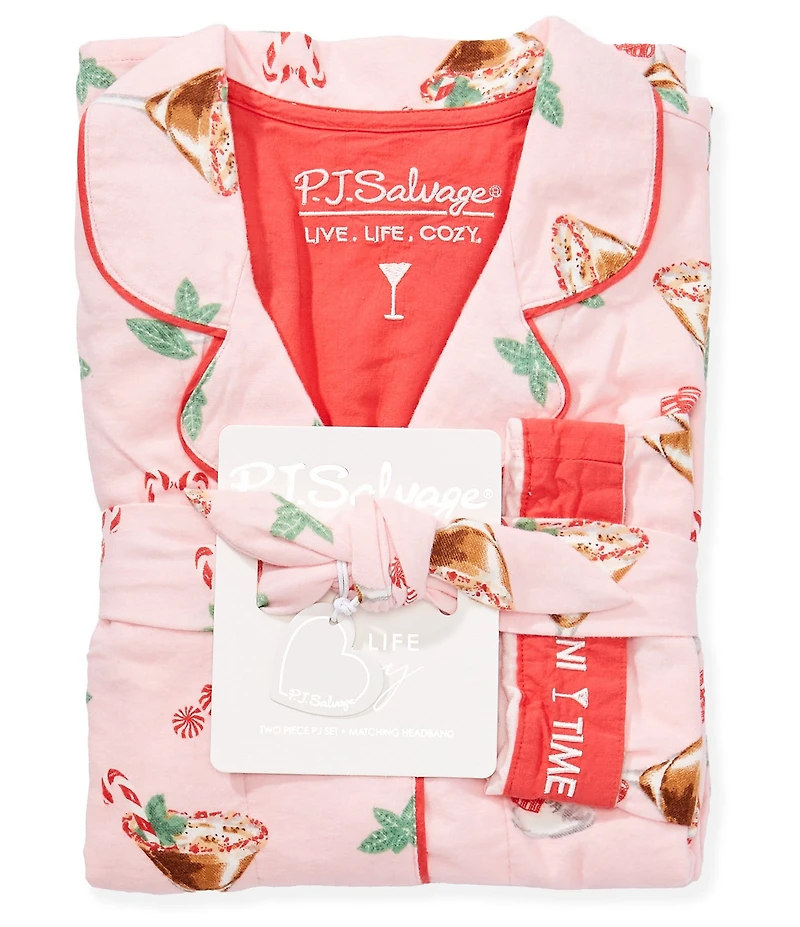 PJ Salvage Plus Size Peppermint Martini Print #double;Tini Time #double; Embroidered Long Sleeve Notch Collar Holiday Flannel Pajama Set