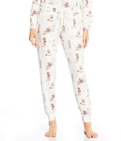 PJ Salvage Ruff On The Range Peachy Knit Drawstring Tie Western Doodle Dog Print Coordinating Sleep Pants