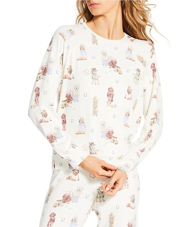 PJ Salvage Ruff On The Range Peachy Knit Long Sleeve Crew Neck Western Doodle Dogs Coordinating Sleep Top