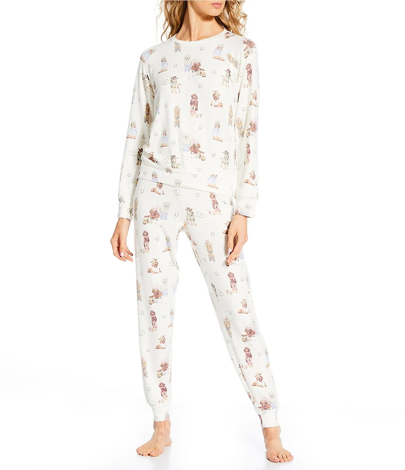 PJ Salvage Ruff On The Range Peachy Knit Long Sleeve Crew Neck Western Doodle Dogs Coordinating Sleep Top