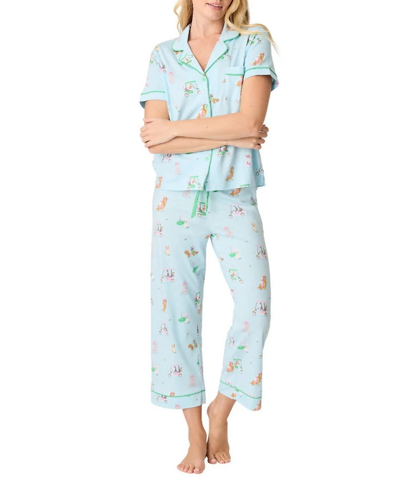 PJ Salvage Short Sleeve Notch Collar Jersey Knit Golf Dogs Print Long Pajama Set