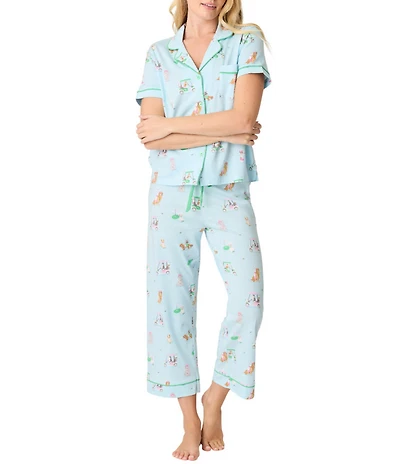 PJ Salvage Short Sleeve Notch Collar Jersey Knit Golf Dogs Print Long Pajama Set