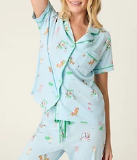 PJ Salvage Short Sleeve Notch Collar Jersey Knit Golf Dogs Print Long Pajama Set