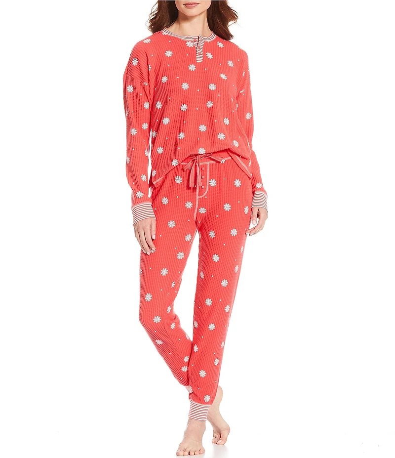 PJ Salvage Snowflake Print Long Sleeve Split Neck Knit Long Pajama Set