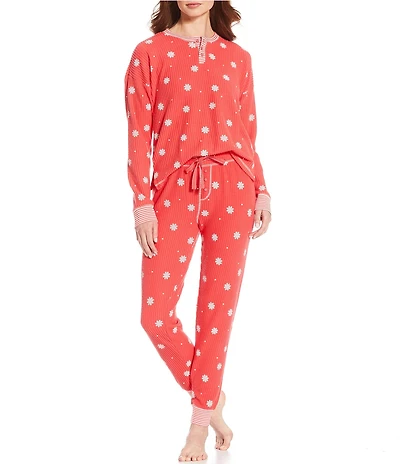 PJ Salvage Snowflake Print Long Sleeve Split Neck Knit Long Pajama Set