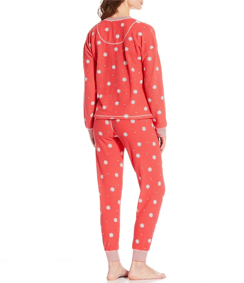 PJ Salvage Snowflake Print Long Sleeve Split Neck Knit Long Pajama Set
