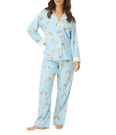 PJ Salvage Spa Bears Print #double;Beary Cute#double; Embroidered Long Sleeve Notch Collar Flannel Pajama & Headband Set