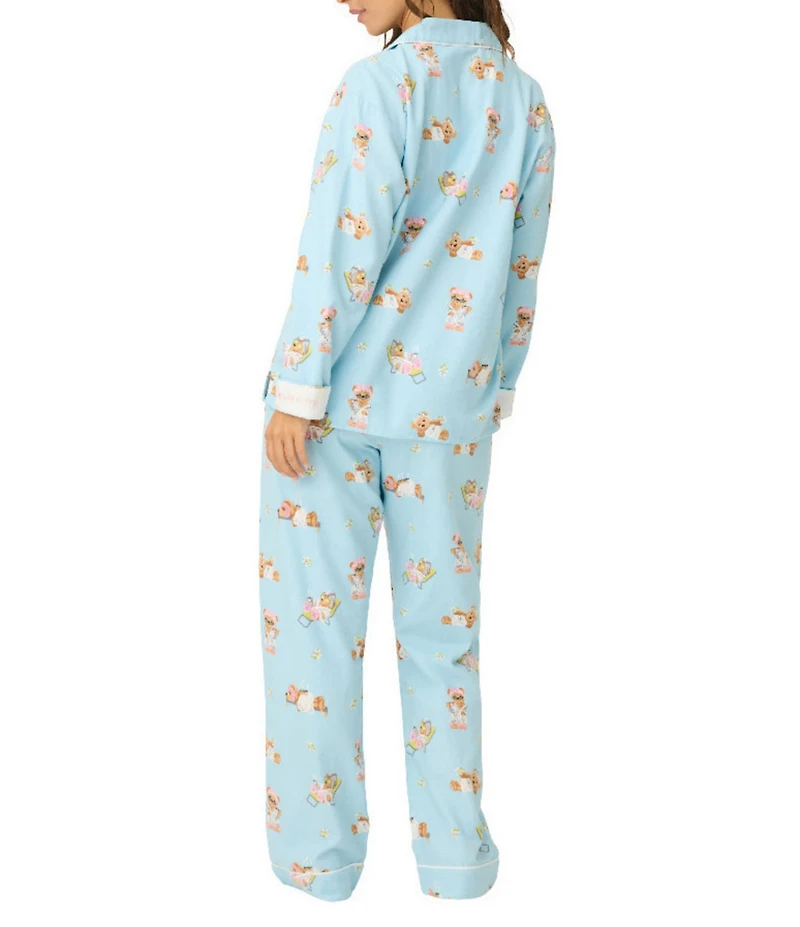 PJ Salvage Spa Bears Print #double;Beary Cute#double; Embroidered Long Sleeve Notch Collar Flannel Pajama & Headband Set