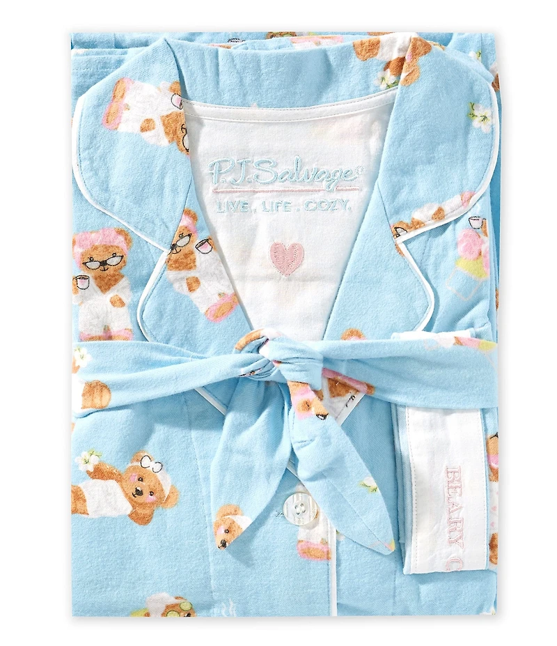 PJ Salvage Spa Bears Print #double;Beary Cute#double; Embroidered Long Sleeve Notch Collar Flannel Pajama & Headband Set