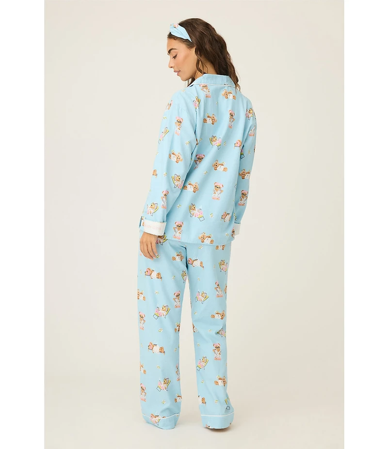 PJ Salvage Spa Bears Print #double;Beary Cute#double; Embroidered Long Sleeve Notch Collar Flannel Pajama & Headband Set
