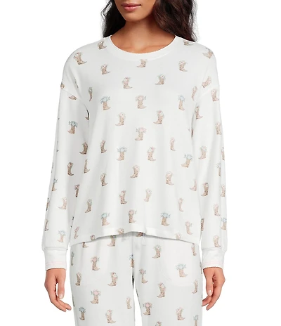 PJ Salvage Western Boot Print Long Sleeve Crew Neck Peachy Knit Coordinating Sleep Top
