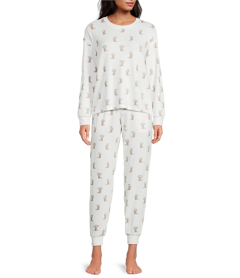 PJ Salvage Western Boot Print Long Sleeve Crew Neck Peachy Knit Coordinating Sleep Top