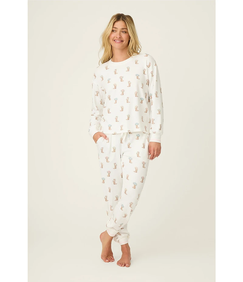 PJ Salvage Western Boot Print Long Sleeve Crew Neck Peachy Knit Coordinating Sleep Top