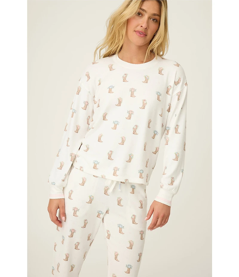 PJ Salvage Western Boot Print Long Sleeve Crew Neck Peachy Knit Coordinating Sleep Top