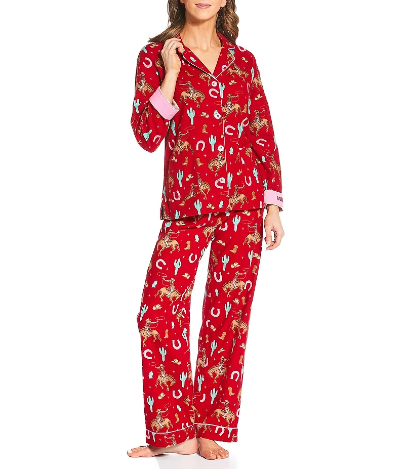 PJ Salvage Western Print #double;Saddle Up#double; Embroidered Long Sleeve Notch Collar Flannel Pajama & Headband Holiday Pajama Set