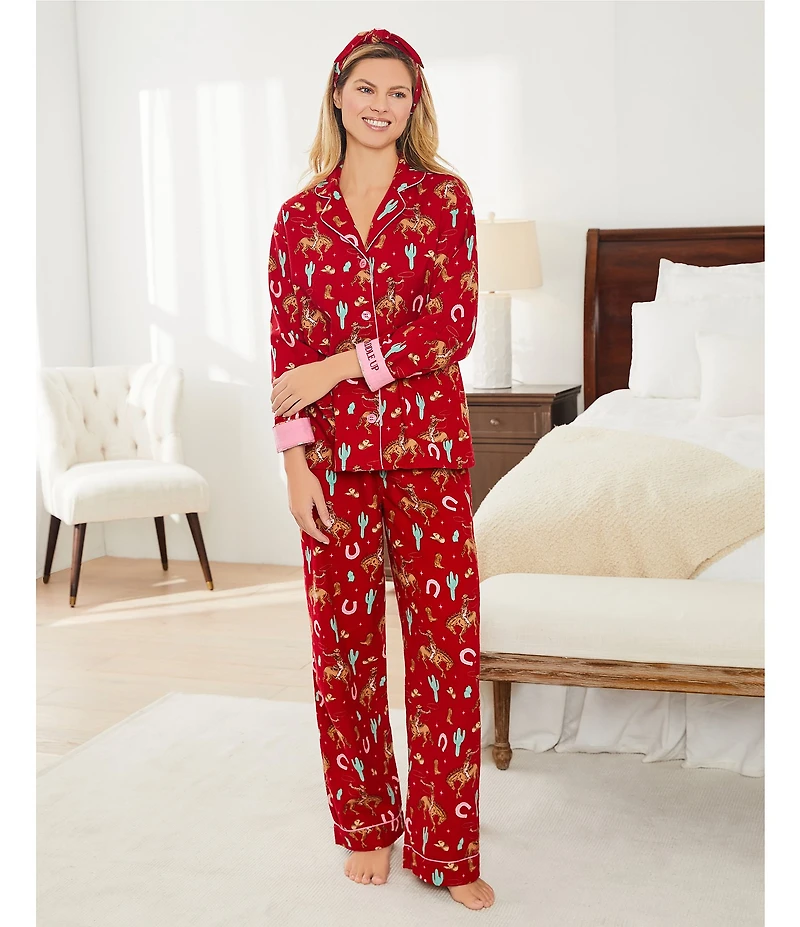 PJ Salvage Western Print #double;Saddle Up#double; Embroidered Long Sleeve Notch Collar Flannel Pajama & Headband Holiday Pajama Set