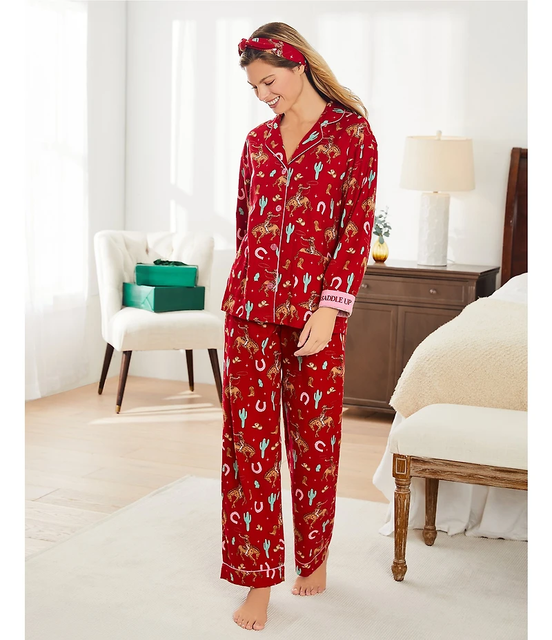 PJ Salvage Western Print #double;Saddle Up#double; Embroidered Long Sleeve Notch Collar Flannel Pajama & Headband Holiday Pajama Set