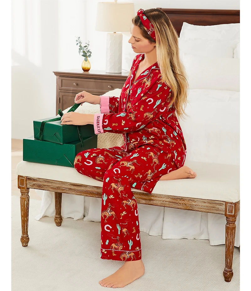 PJ Salvage Western Print #double;Saddle Up#double; Embroidered Long Sleeve Notch Collar Flannel Pajama & Headband Holiday Pajama Set