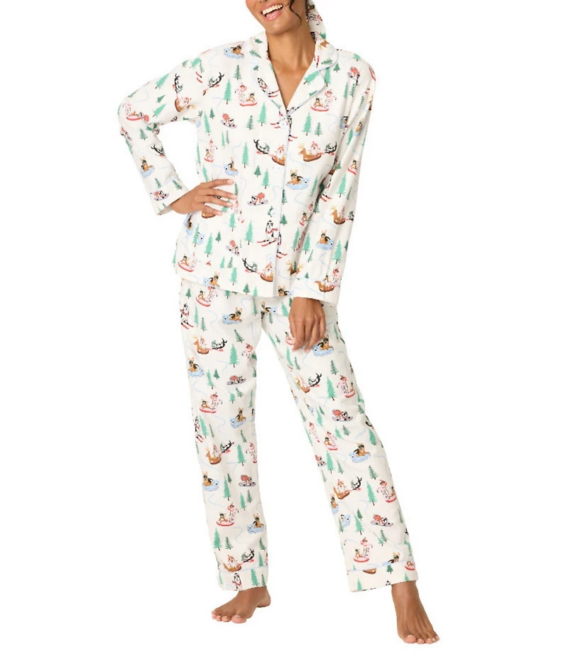 PJ Salvage Winter Dogs Print #double;Sleigh All Day#double; Embroidered Long Sleeve Notch Collar Flannel Holiday Pajama & Headband Set