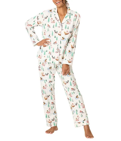 PJ Salvage Winter Dogs Print #double;Sleigh All Day#double; Embroidered Long Sleeve Notch Collar Flannel Holiday Pajama & Headband Set