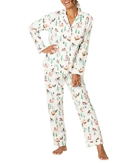 PJ Salvage Winter Dogs Print #double;Sleigh All Day#double; Embroidered Long Sleeve Notch Collar Flannel Holiday Pajama & Headband Set