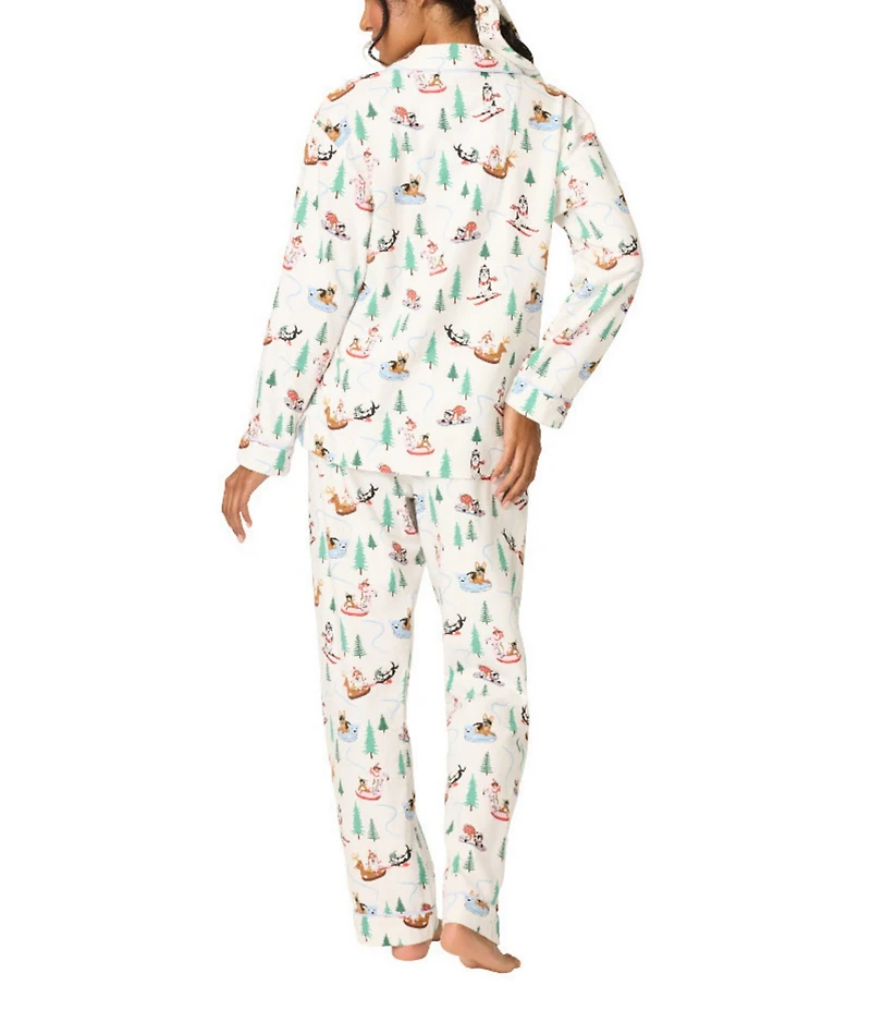 PJ Salvage Winter Dogs Print #double;Sleigh All Day#double; Embroidered Long Sleeve Notch Collar Flannel Holiday Pajama & Headband Set