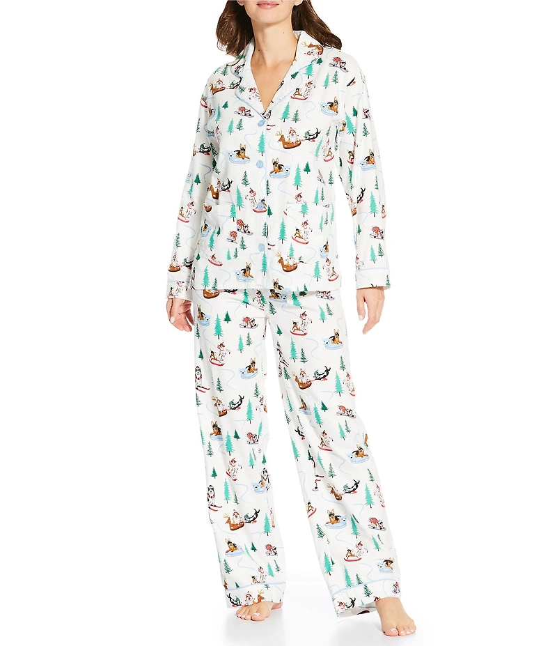 PJ Salvage Winter Dogs Print #double;Sleigh All Day#double; Embroidered Long Sleeve Notch Collar Flannel Holiday Pajama & Headband Set