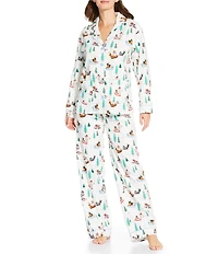 PJ Salvage Winter Dogs Print #double;Sleigh All Day#double; Embroidered Long Sleeve Notch Collar Flannel Holiday Pajama & Headband Set
