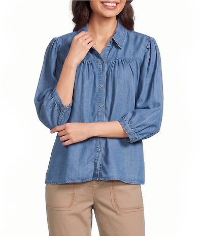 Intro Plus Size Woven Printed Point Collar 3/4 Sleeve Button Front Placket Blouse