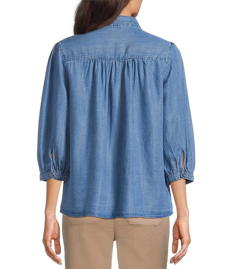 Intro Plus Size Woven Printed Point Collar 3/4 Sleeve Button Front Placket Blouse