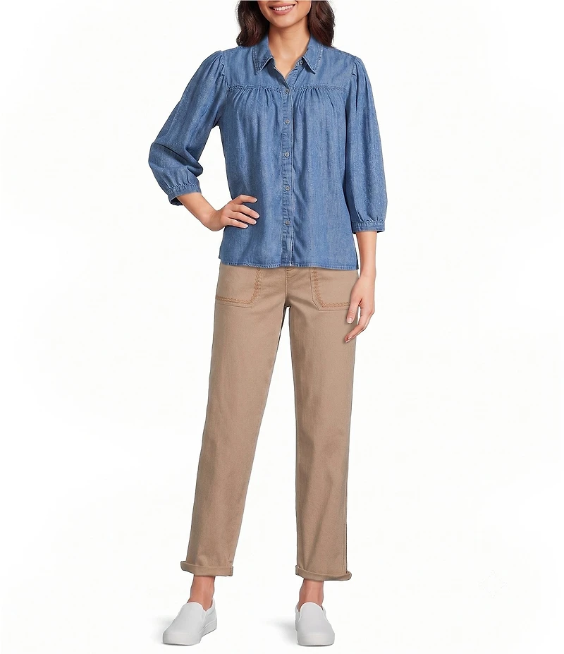 Intro Plus Size Woven Printed Point Collar 3/4 Sleeve Button Front Placket Blouse