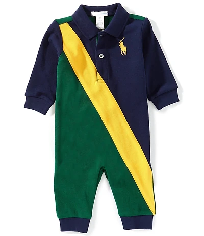 Polo Ralph Lauren Baby Boys Long Sleeve Big Pony Color Block Mesh Polo Coverall