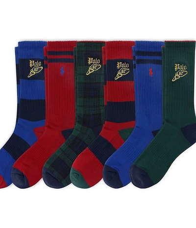 Polo Ralph Lauren Big & Tall Plaid and Stripe Varsity Wing Logo Crew Socks 6-Pack