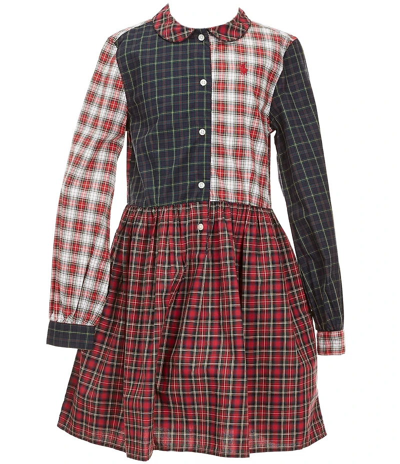 Polo Ralph Lauren Big Girls Long-Sleeve Mixed-Media-Plaid Poplin Shirtdress