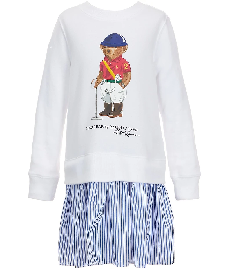 Polo Ralph Lauren Big Girls Long-Sleeve Polo Bear Striped-Skirt Fleece Dress