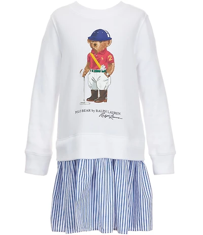 Polo Ralph Lauren Big Girls Long-Sleeve Polo Bear Striped-Skirt Fleece Dress