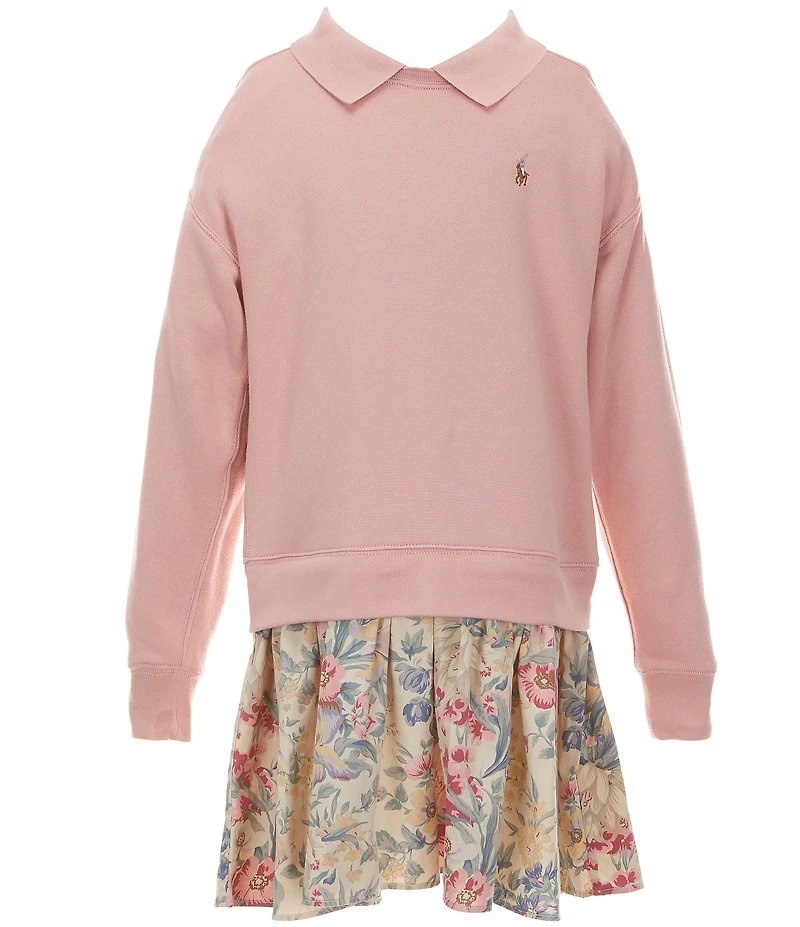 Polo Ralph Lauren Big Girls Long-Sleeve Terry/Floral-Skirted Drop-Waist Dress