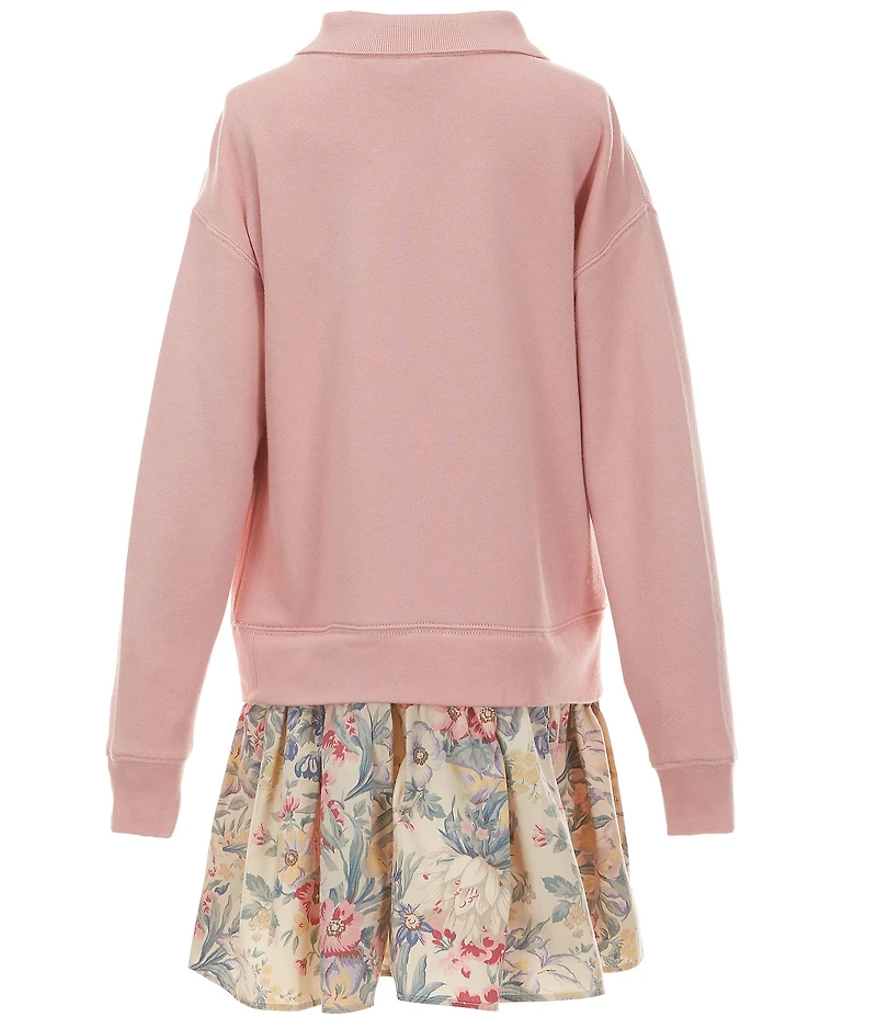 Polo Ralph Lauren Big Girls Long-Sleeve Terry/Floral-Skirted Drop-Waist Dress