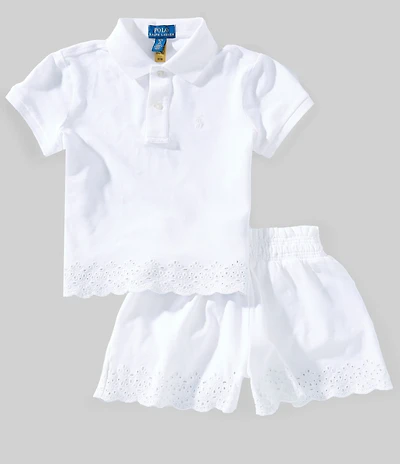 Polo Ralph Lauren Big Girls Short Sleeve Eyelet Stretch Mesh Polo Shirt & Shorts Set