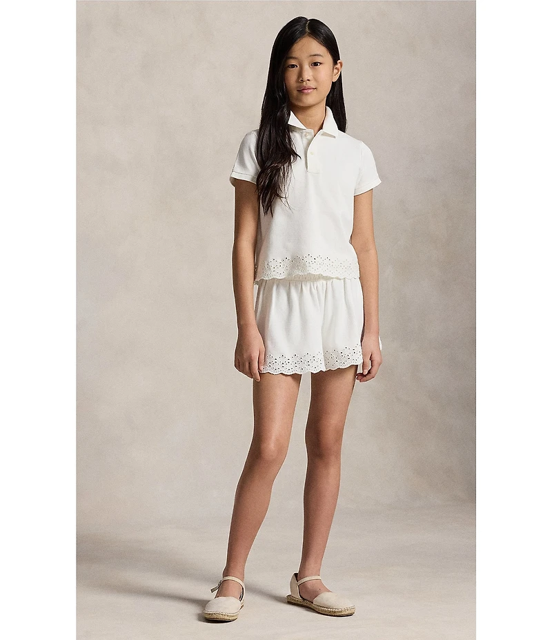 Polo Ralph Lauren Big Girls Short Sleeve Eyelet Stretch Mesh Polo Shirt & Shorts Set