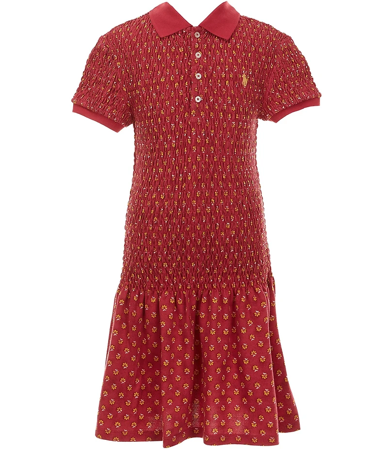 Polo Ralph Lauren Big Girls Short-Sleeve Floral Smocked Stretch Mesh Polo Dress